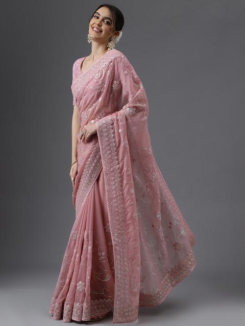 women solid with work embellished saree with blouse - 21949799 - Very Small Image - 1