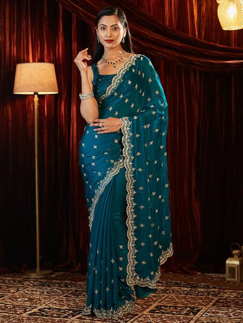 women solid with work embroidered saree with blouse - 21949803 - Very Small Image - 1