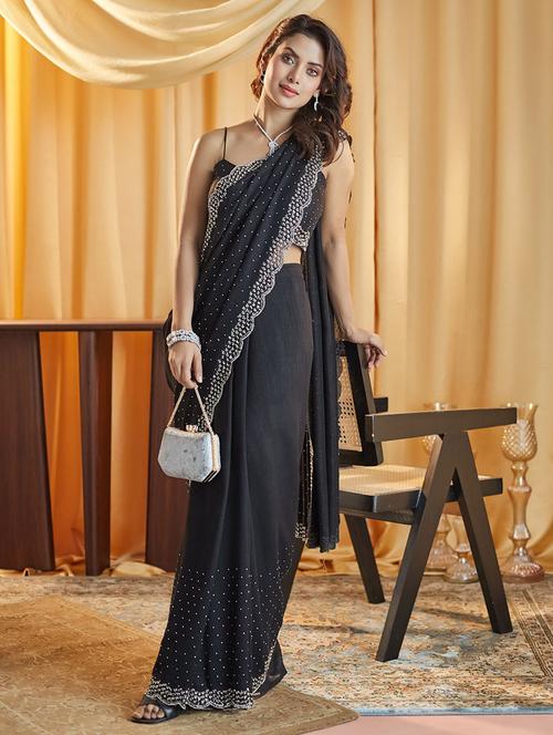 women solid with work embellished saree with blouse - 21949806 - Very Small Image - 1