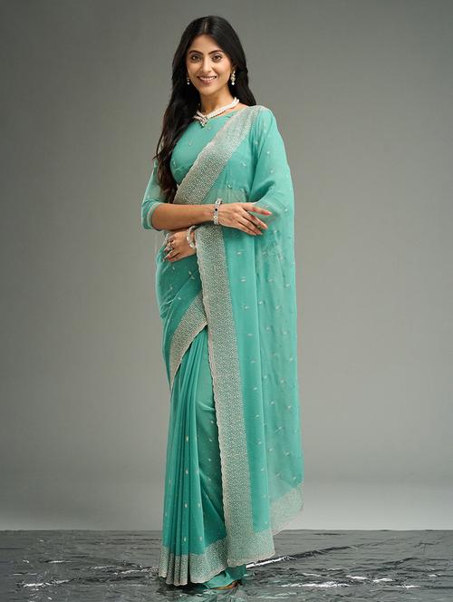 women solid with work embroidered saree with blouse - 21949820 - Very Small Image - 1
