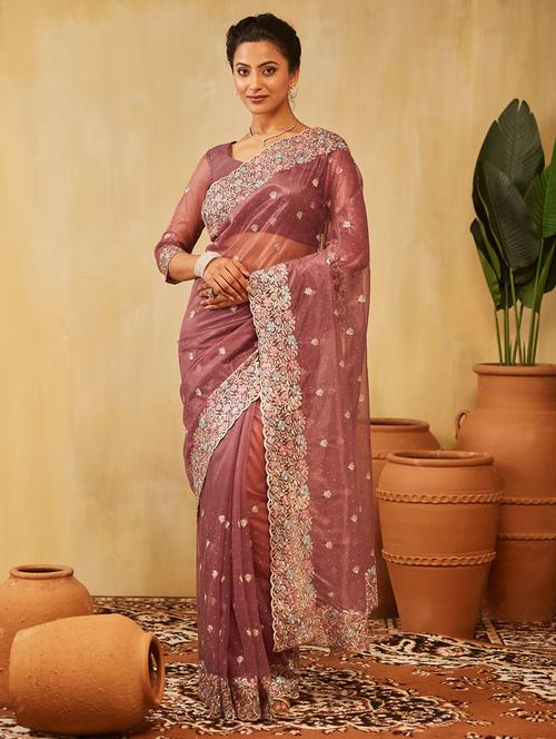 women solid with work embroidered saree with blouse - 21949831 - Very Small Image - 1