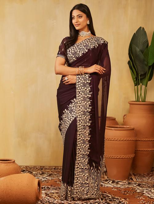 women solid with bordered saree with blouse - 21949838 - Very Small Image - 1