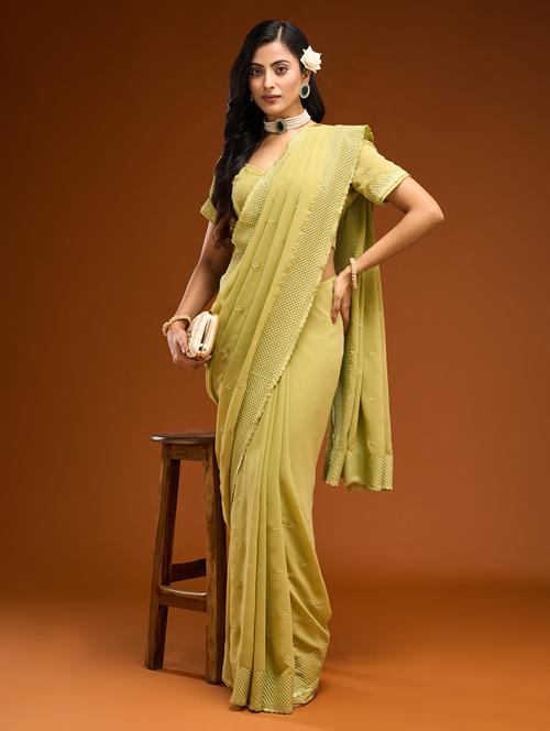 women solid with work embroidered saree with blouse - 21949857 - Very Small Image - 1