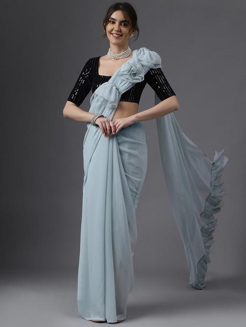 women light blue solid ruffle saree with blouse - 21949860 - Very Small Image - 1