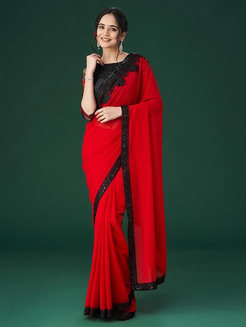 women solid with bordered saree with blouse - 21949867 - Very Small Image - 1