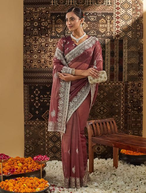 women solid with work embroidered saree with blouse - 21949872 - Very Small Image - 1