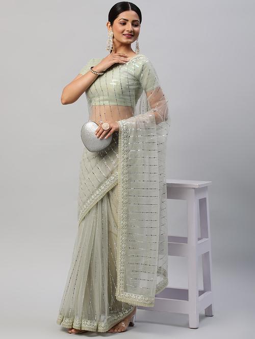 women solid with work embellished saree with blouse - 21949916 - Very Small Image - 1