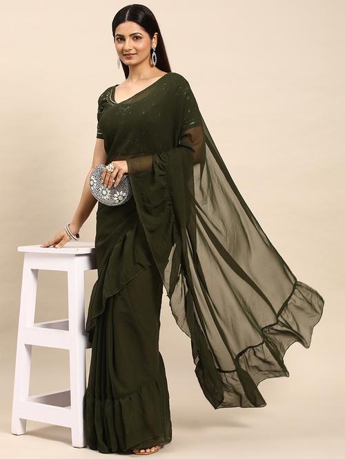 women solid with ruffle bordered saree with blouse - 21949919 - Very Small Image - 1