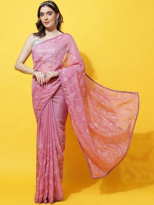 women solid with work embellished saree with blouse - 21949922 - Very Small Image - 1