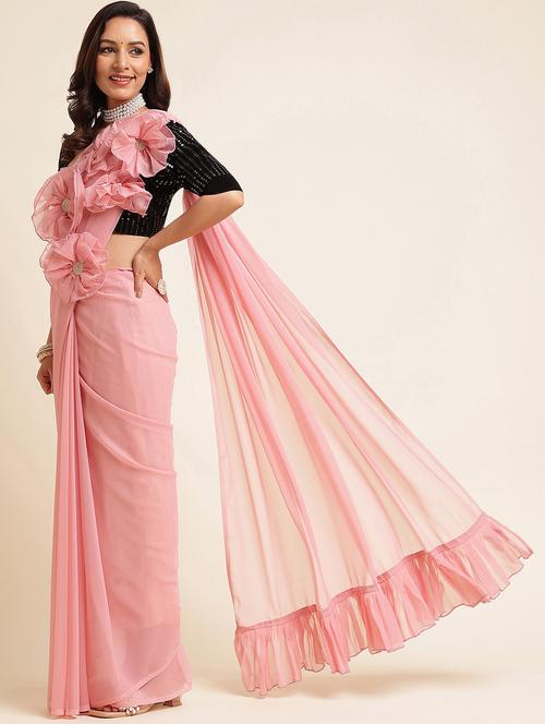 women pink solid ruffle saree with blouse - 21949927 - Very Small Image - 1