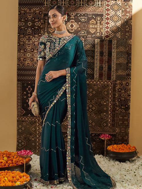 women solid with work embroidered saree with blouse - 21949961 - Very Small Image - 1