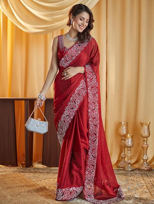 women solid with work embellished saree with blouse - 21949963 - Very Small Image - 1