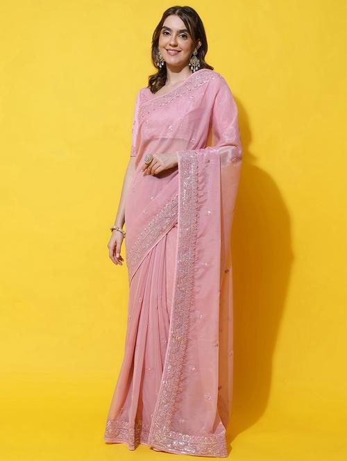 women solid with work embroidered saree with blouse - 21949984 - Very Small Image - 1