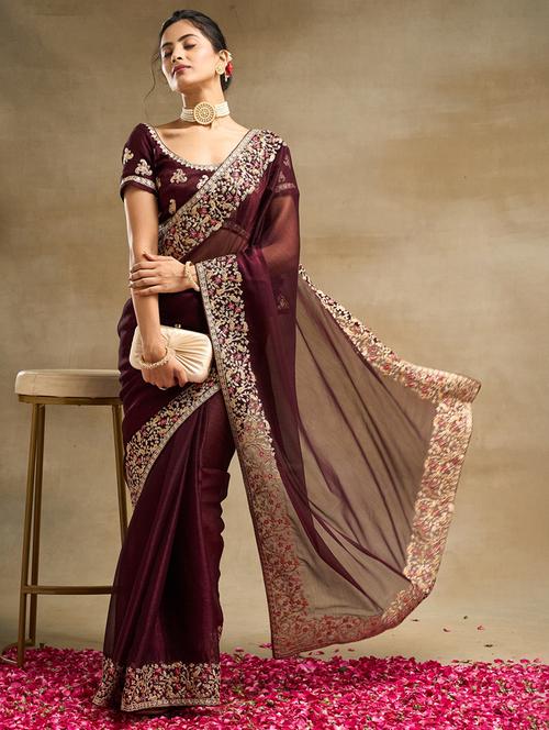 women solid with bordered saree with blouse - 21950035 - Very Small Image - 1