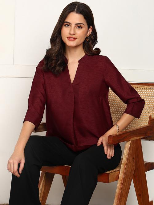 women maroon solid three quarter sleeve ethnic top - 21951832 - Very Small Image - 1