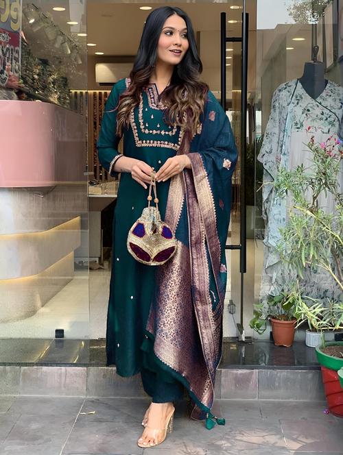 women three quarter sleeve kurta pant with dupatta set - 21954178 - Very Small Image - 1