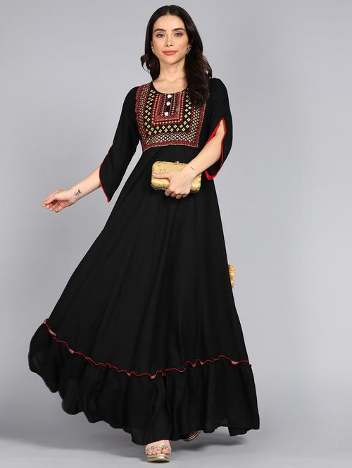 women embroidered round neck tiered ethnic dress - 21954455 - Very Small Image - 1