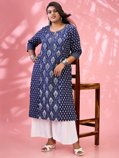 globus gloplus women blue round neck ethnic & floral print panelled straight plus size kurta - 21954878 - Very Small Image - 1