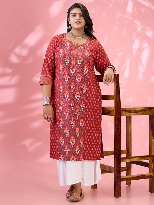 globus gloplus women maroon round neck ethnic & floral print panelled straight plus size kurta - 21954879 - Very Small Image - 1