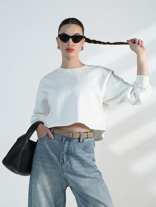 women solid long sleeve crop sweatshirt - 21955798 - Very Small Image - 1