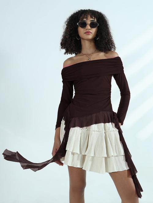 women brown solid off shoulder asymmetric top - 21955850 - Very Small Image - 1