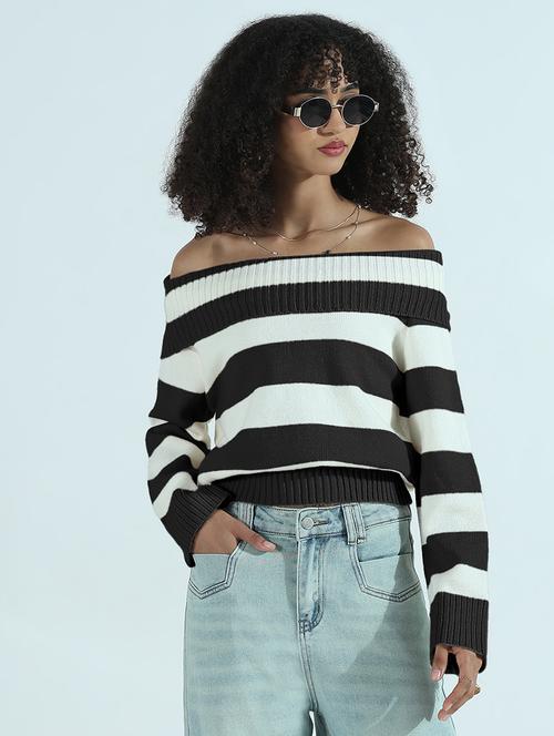 women striped off shoulder long sleeve pullover - 21955852 - Very Small Image - 1
