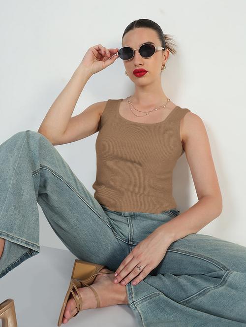 women beige solid sleeveless tank top - 21955853 - Very Small Image - 1