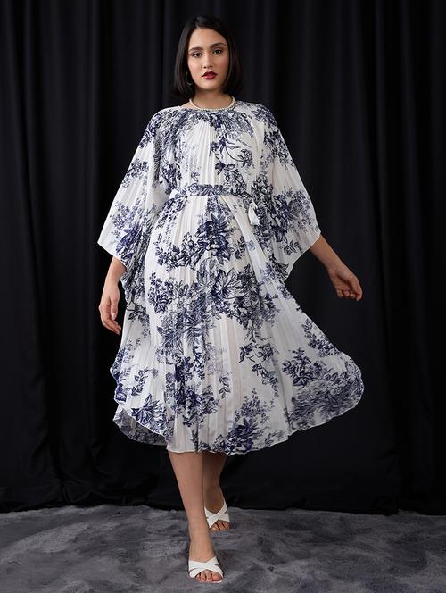 globus women multi colour gathered floral print batwing sleeves tie-up waist fit & flare midi dress - 21955861 - Very Small Image - 1