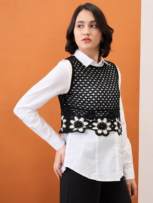 globus women black round neck floral embroidered crochet crop vest top - 21955885 - Very Small Image - 1