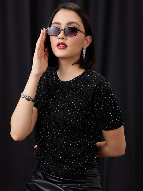 globus women black crew neck rhinestone embellished detail waist tie-up party top - 21955891 - Very Small Image - 1