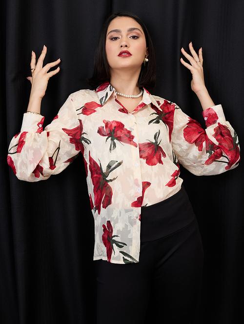 globus women white & red collared neck cuffed sleeves floral print jacquard party shirt - 21955904 - Very Small Image - 1