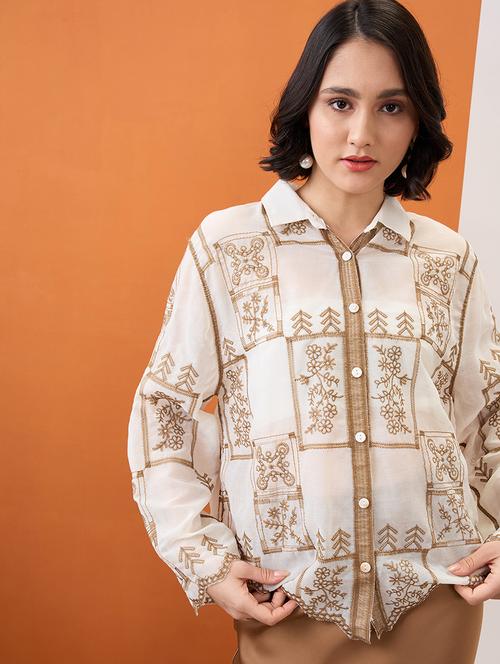 globus women beige floral embroidered collared neck bell sleeves scalloped hem shirt - 21955907 - Very Small Image - 1