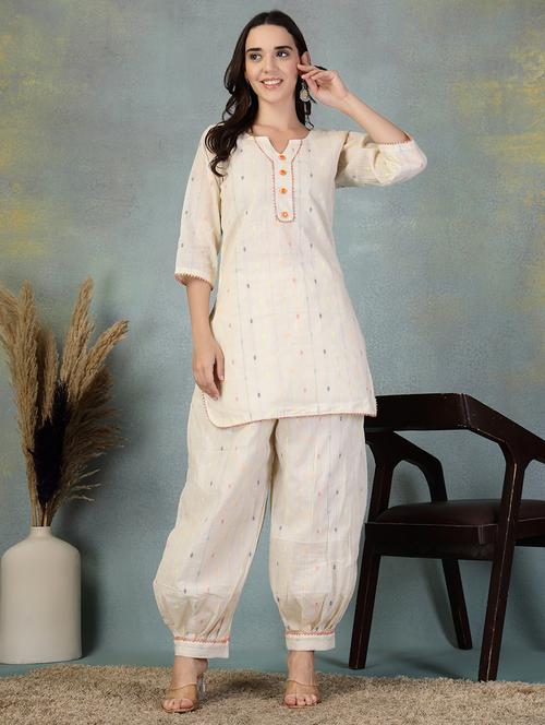 women cream three quarter sleeve kurta salwar set - 21956113 - Very Small Image - 1