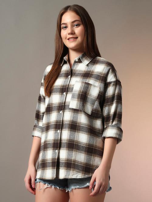 women checkered collared long sleeve oversized shirt - 21956941 - Very Small Image - 1