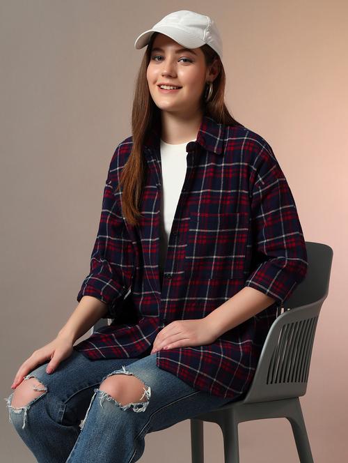 women checkered collared long sleeve oversized shirt - 21956943 - Very Small Image - 1