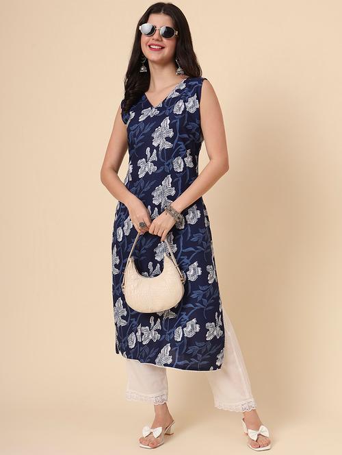 women blue printed sleeveless straight kurta - 21958356 - Very Small Image - 1