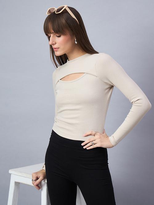 women solid long sleeve cut out crop top  - 21958389 - Very Small Image - 1