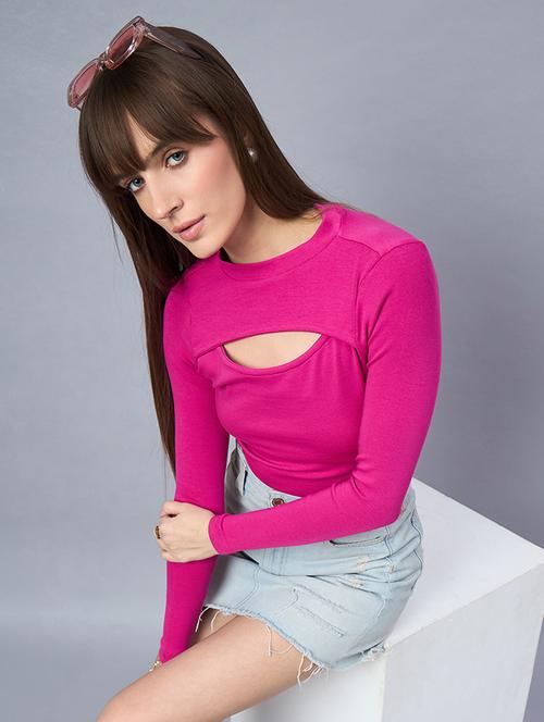 women solid long sleeve cut out crop top - 21958391 - Very Small Image - 1