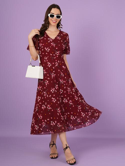 women floral print puff sleeve fit & flared dress - 21959257 - Very Small Image - 1