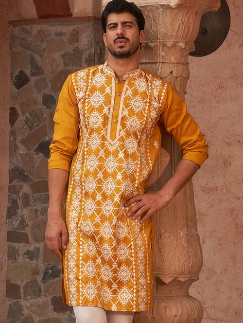 men embroidered mandarin neck long kurta - 21959447 - Very Small Image - 1