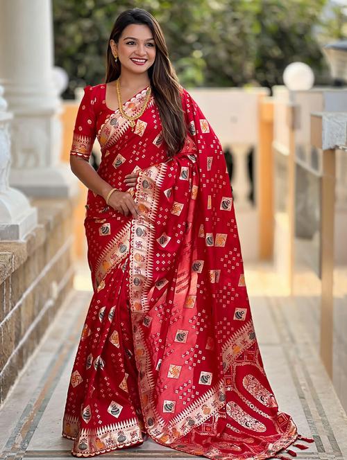 women bandhani bordered saree with blouse - 21959853 - Very Small Image - 1