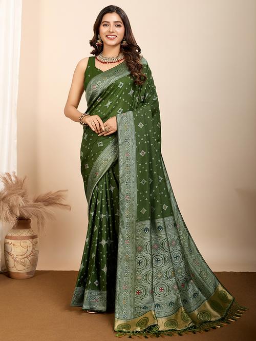 green art silk printed saree with blouse - 21960243 - Very Small Image - 1