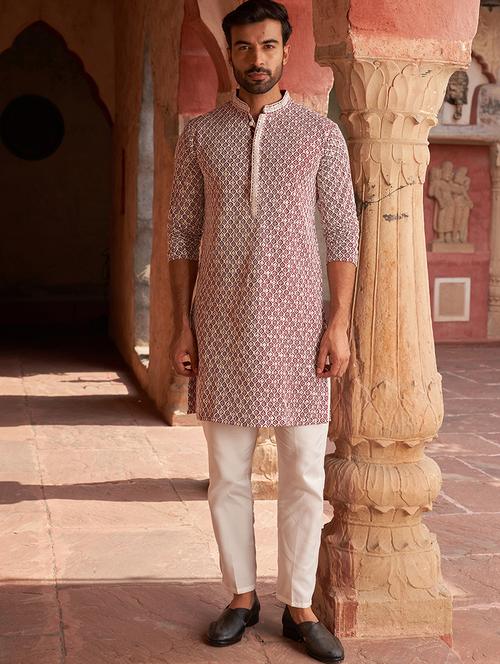 jompers printed maroon cotton kurta pyjama men - 21960383 - Very Small Image - 1