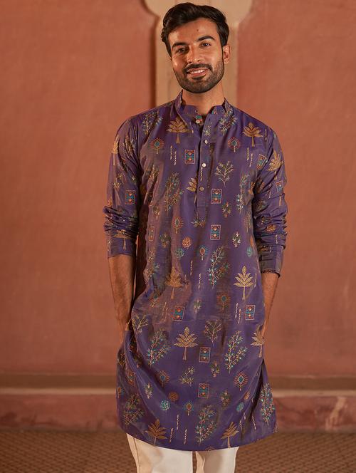 Men Purple Embroidered Kurta And Pyjama Set - 21960393 - Very Small Image - 1