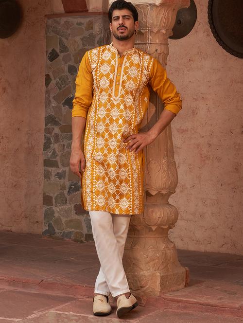 men yellow embroidered kurta and pyjama set  - 21960395 - Very Small Image - 1