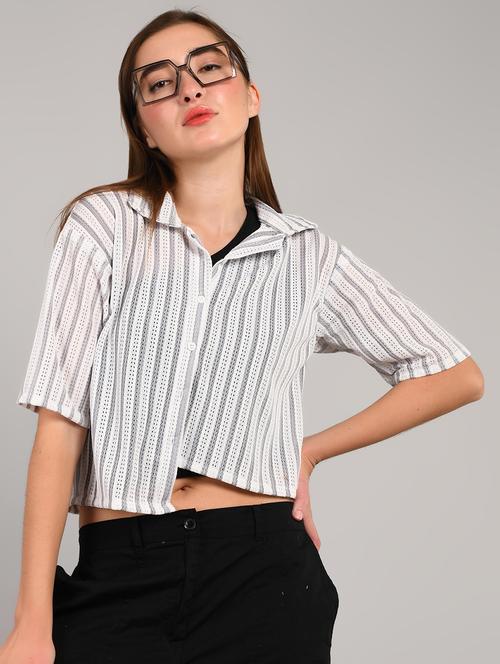 women striped collared short sleeve crop shirt - 21960547 - Very Small Image - 1