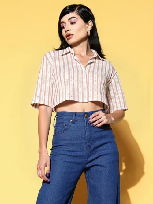 women striped collared short sleeve crop shirt - 21960550 - Very Small Image - 1
