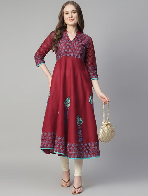 women printed three quarter sleeve anarkali kurta - 21961579 - Very Small Image - 1