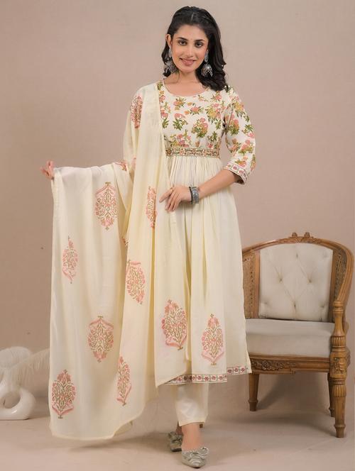 women three quarter sleeve anarkali  kurta pant with dupatta set - 21962240 - Very Small Image - 1