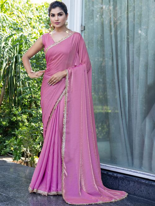 women solid with embellished bordered saree with blouse - 21962550 - Very Small Image - 1